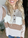Jealousy Color-Block Buttoned Top in Taupe, Camel, and Blush