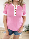 The Fight Ribbed Button Front Top in Fondant Pink