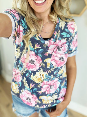Stand Up V-Neck Floral Top in Navy and Fuchsia