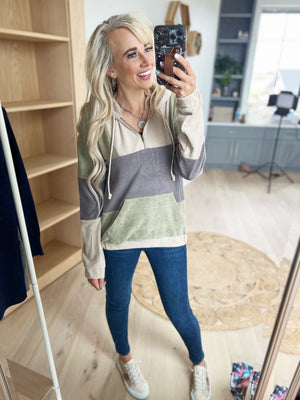 Shadows Fleece Color Block Half-Zip Hoodie in Taupe Charcoal and Sage
