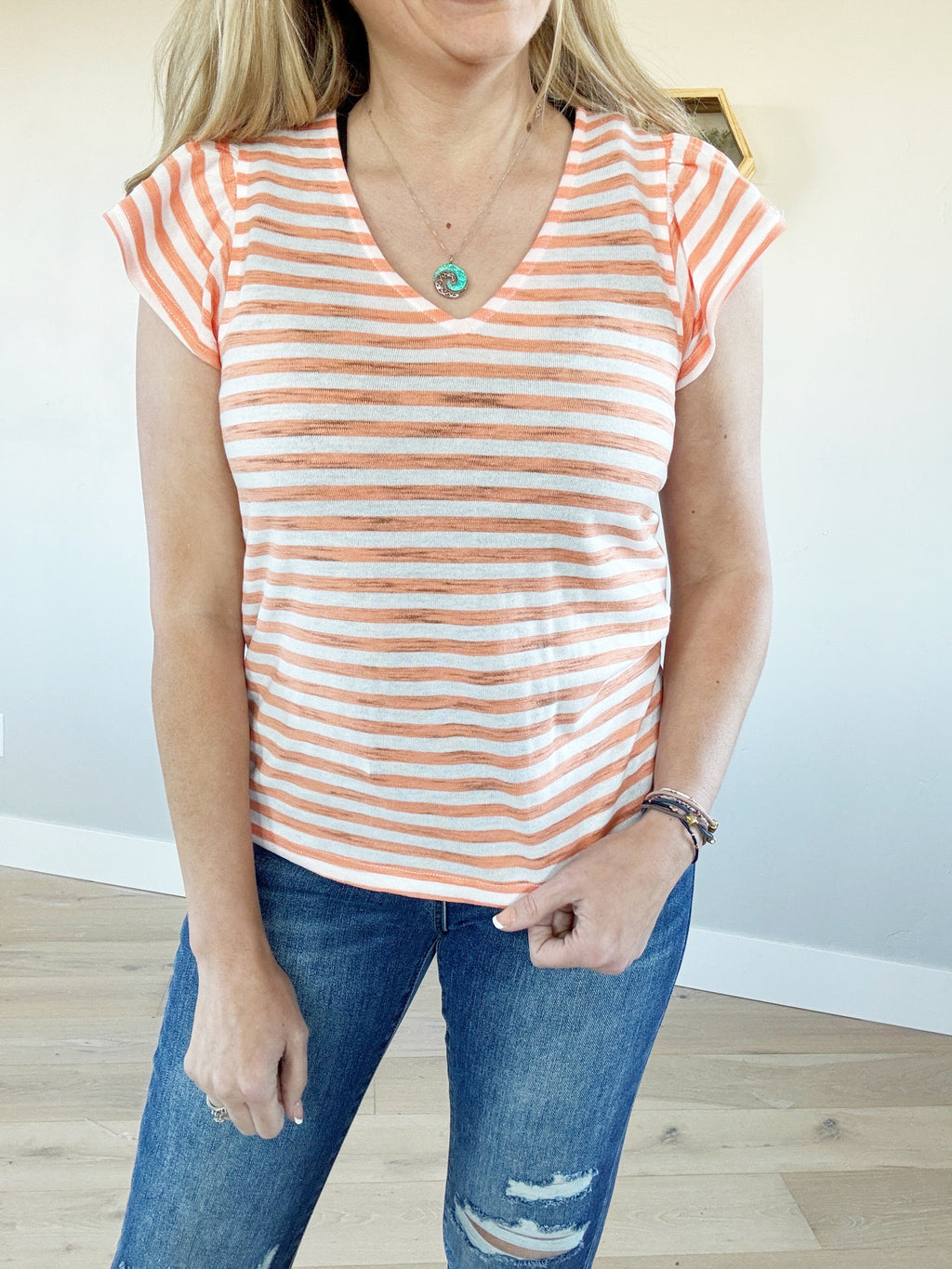 Neighborly V-Neck Striped Top in Light Orange