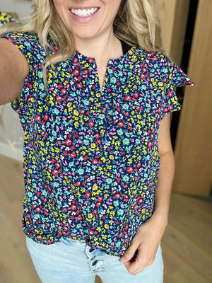 Waiting On You Navy Multi-Color Baby Floral Flutter Sleeve Top