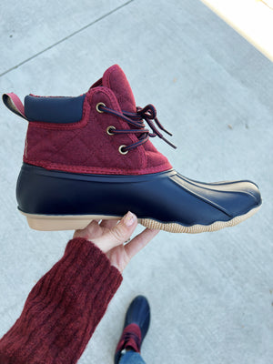 Gypsy Jazz Duck Boots in Navy and Maroon