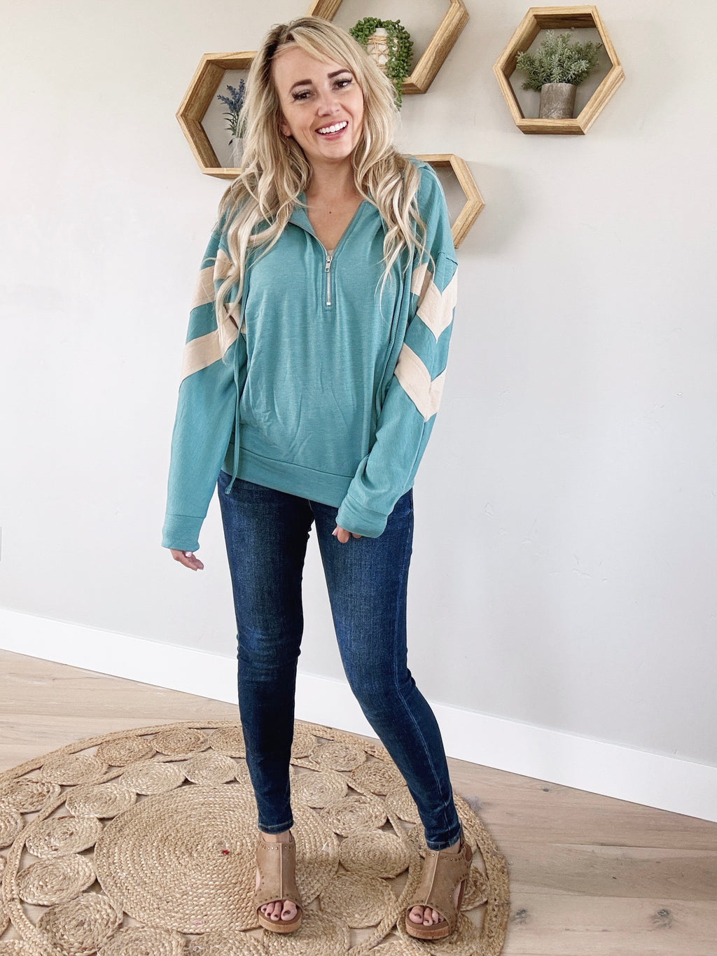 See You Later Brushed Terry Contrast Zip Up Hoodie in Jade