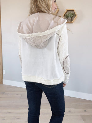 POL Into You Multi Fabric Hooded Shacket in Cream Beige (SALE)