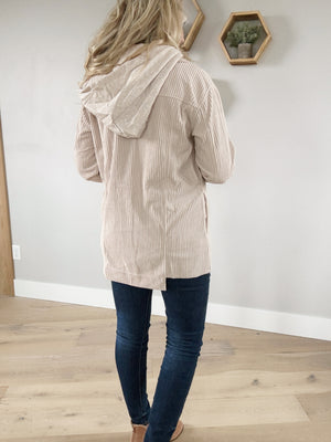 Tailgating Corduroy Hooded Shacket in Almond Milk (SALE)