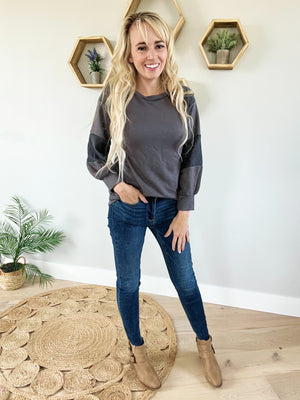 Restless Lace Contrast Bishop Sleeve Top in Charcoal (SALE)
