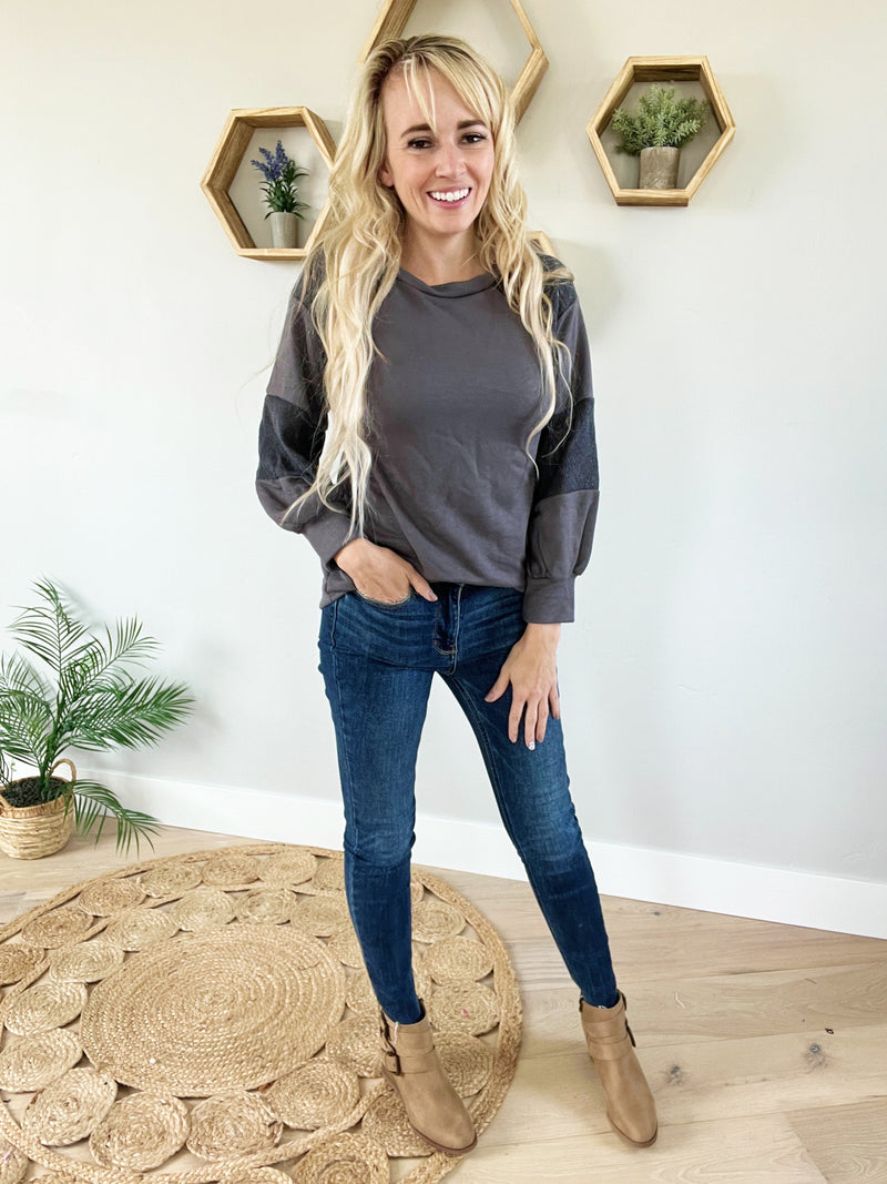 Restless Lace Contrast Bishop Sleeve Top in Charcoal (SALE)