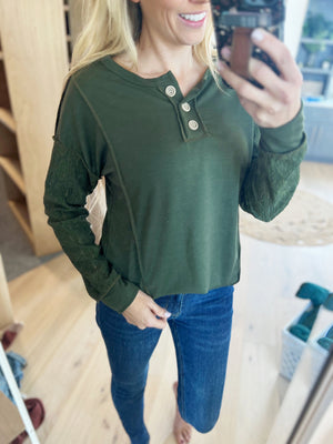 Masterpiece French Terry Exposed Button Top in Olive