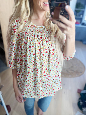 Promise Me Hannah Floral Smocked Top in Ivory