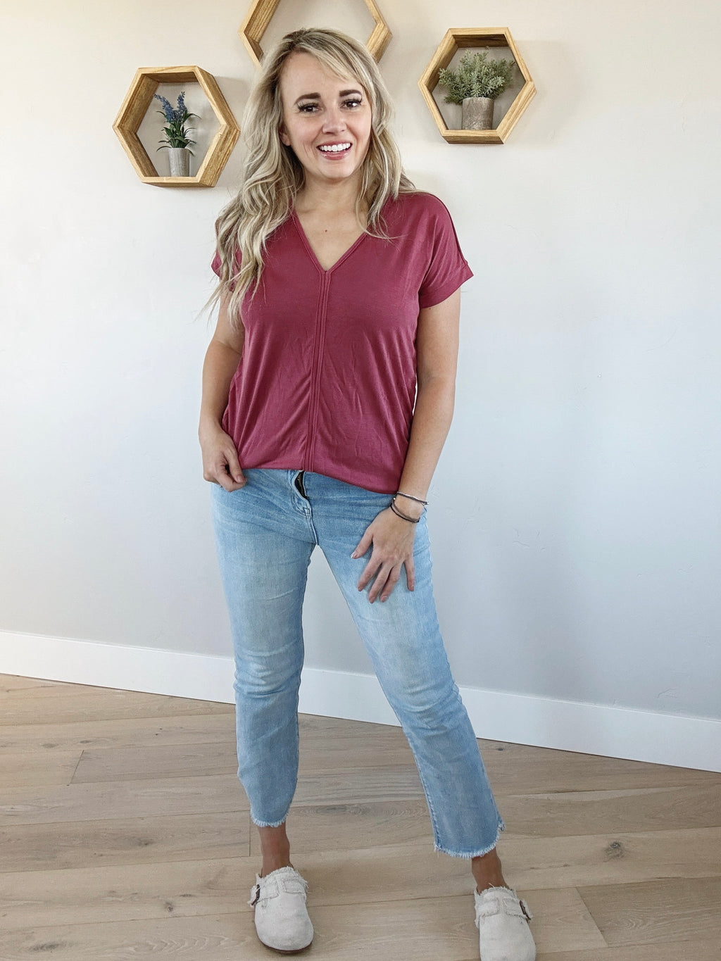 Coming Up V-Neck Jersey Top in Marsala
