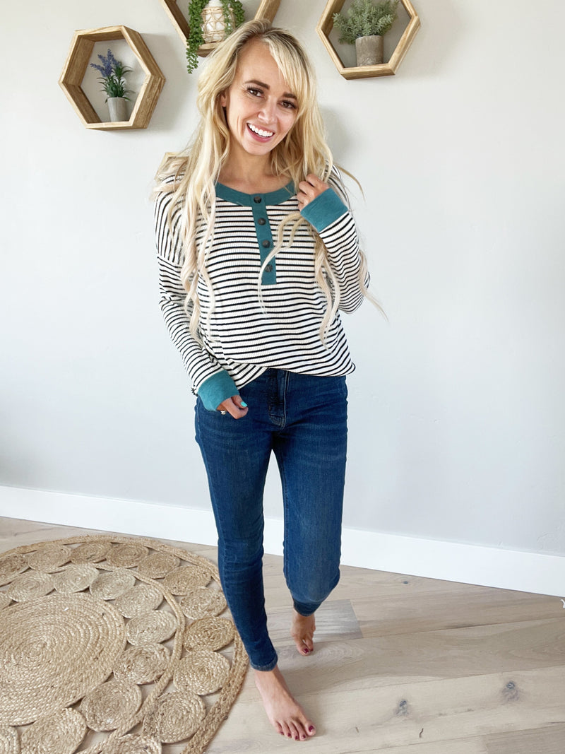 Attitude Henley With Contrast Trim in Black, White, and Teal