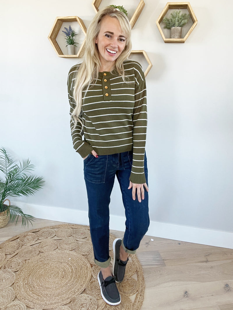 Good Intentions Long Sleeve Striped Top with Button Detail in Olive and Ivory