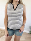 Eye-Catcher Split V-Neck Sleeveless Lace Trimmed Tank in Black & White