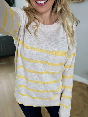 Solutions Striped Slub Yarn Round Neck Sweater in Beige and Yellow