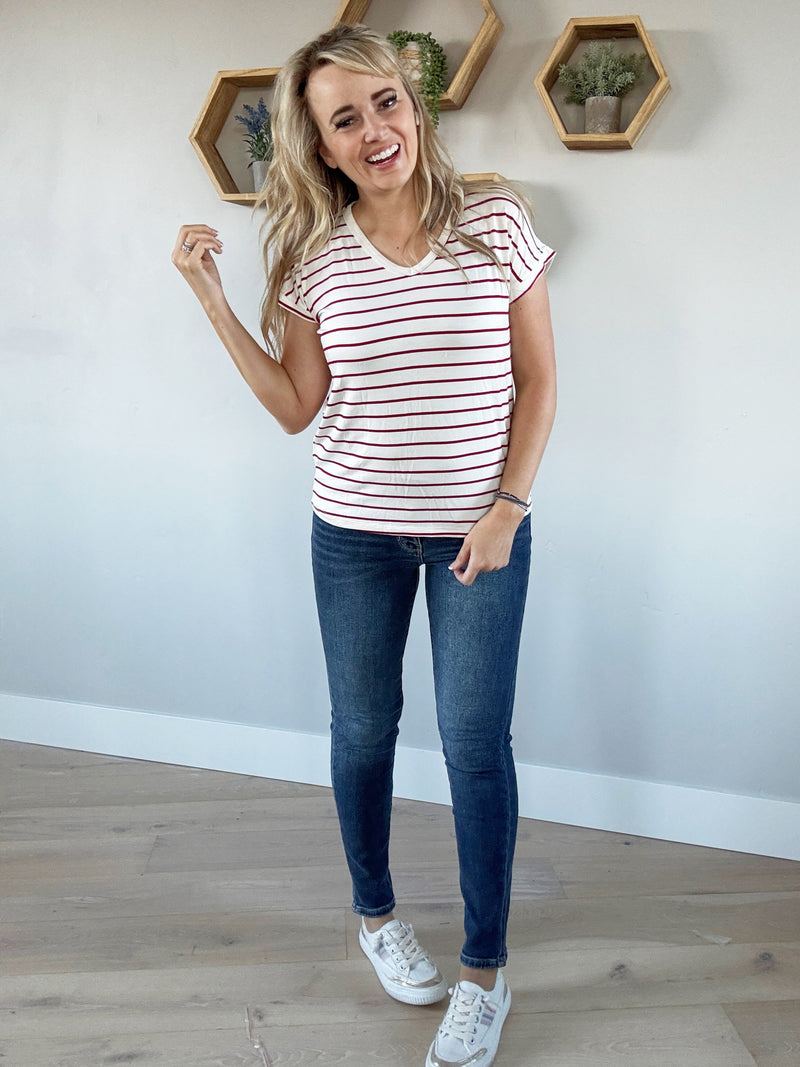Put a Ring on It V-Neck Striped Top in Ivory & Red