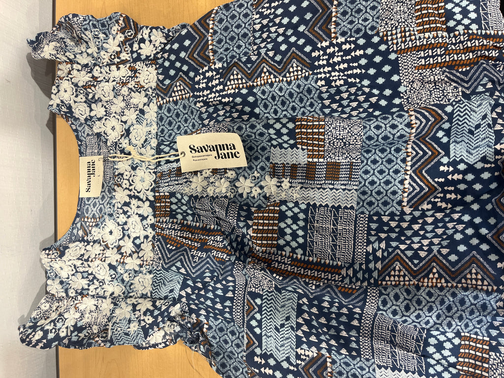 No Boundaries Printed Button Down Blouse in Navy