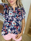 Band Together Wrinkle Free Top in Navy Floral