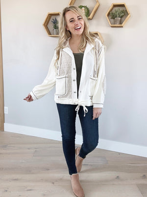 POL Into You Multi Fabric Hooded Shacket in Cream Beige (SALE)