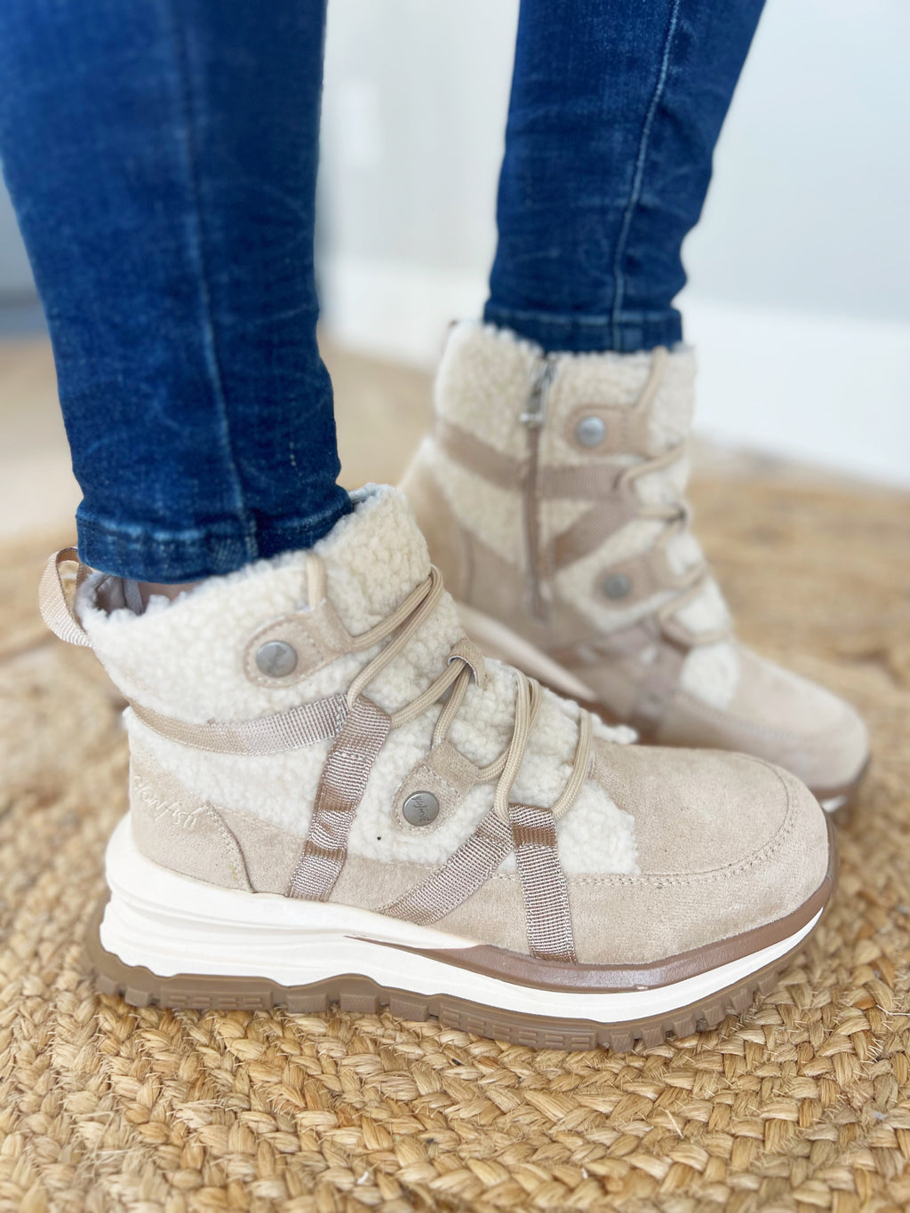 Blowfish Microsuede Sherpa Boots in Sand
