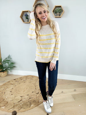 Solutions Striped Slub Yarn Round Neck Sweater in Beige and Yellow