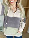 Shadows Fleece Color Block Half-Zip Hoodie in Taupe Charcoal and Sage