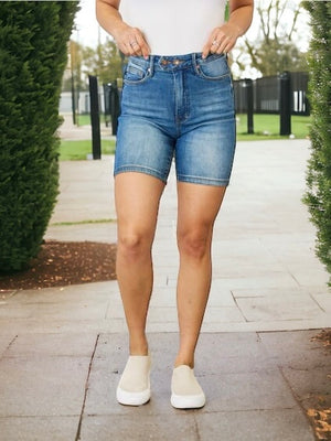 Judy Blue Tummy Control Double Button Bermuda Denim Shorts