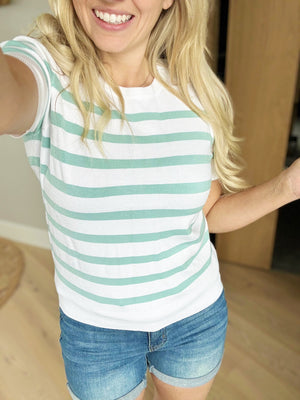 Guess Who Classic Striped Crewneck Short Sleeve Sweater in Mint