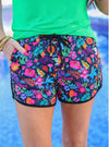 Fiesta Time Black Floral Drawstring Everyday Shorts