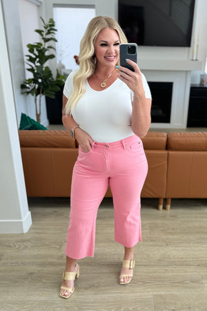 Judy Blue High Rise Tummy Control Wide Leg Crop Jeans in Pink