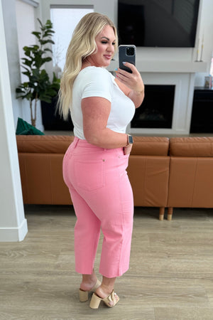 Judy Blue High Rise Tummy Control Wide Leg Crop Jeans in Pink