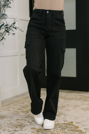 Judy Blue High Rise Cargo Wide Leg Jeans in Black