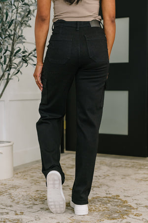 Judy Blue High Rise Cargo Wide Leg Jeans in Black