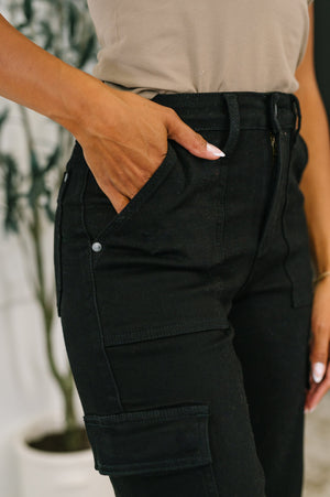 Judy Blue High Rise Cargo Wide Leg Jeans in Black