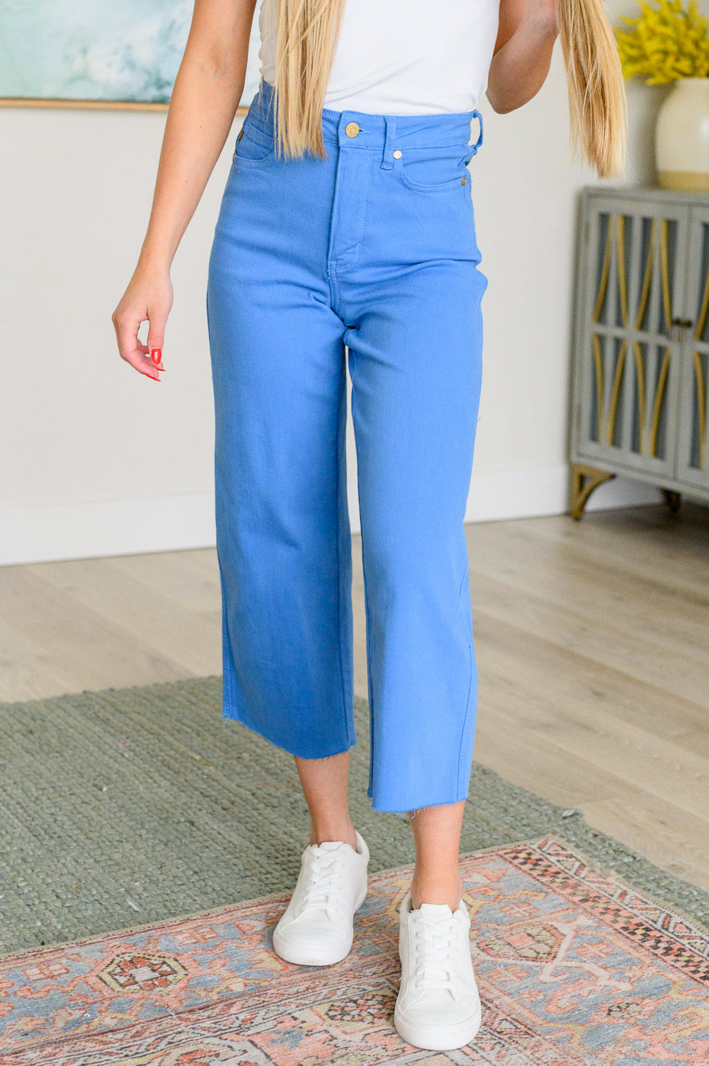 Judy Blue High Rise Tummy Control Wide Leg Crop Jeans in Sky Blue