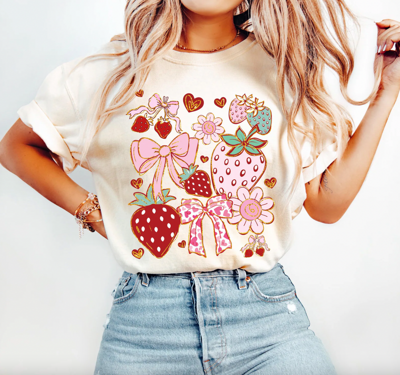 Boho Strawberry Coquette Graphic Tee or Pullover