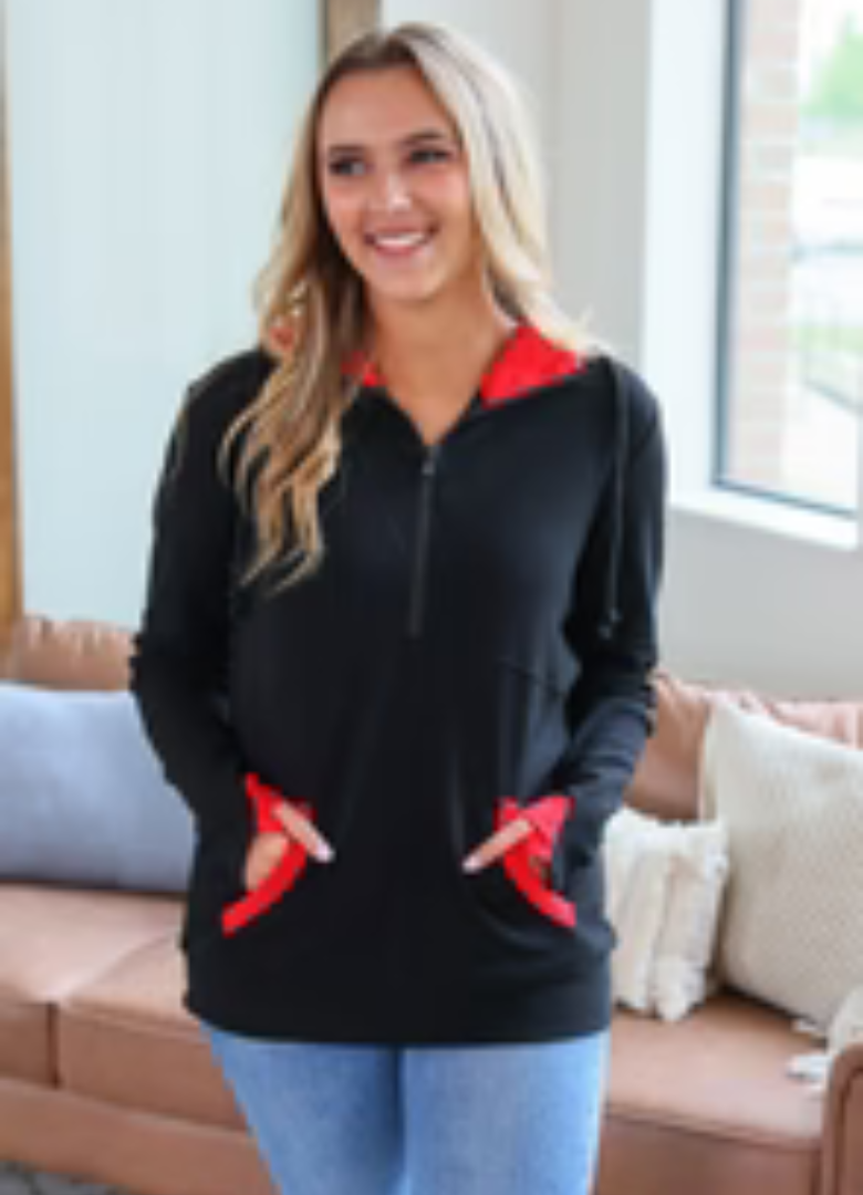 MM Avery Accent Halfzip Hoodie in Black and Red