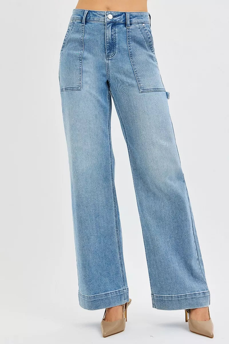 Risen High Rise Straight Leg Jeans With Patch Pockets