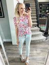 Perfect Opportunity Floral Ruffle Sleeve Top in Stone, Fuchsia, and Royal Blue