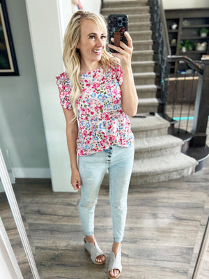 Perfect Opportunity Floral Ruffle Sleeve Top in Stone, Fuchsia, and Royal Blue