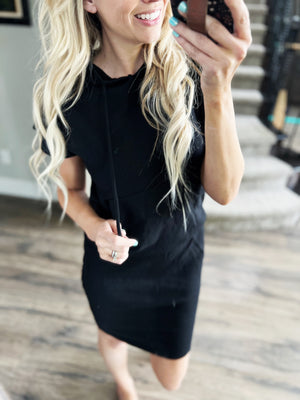 Casually Chic Hooded Short Sleeve Dress in Black