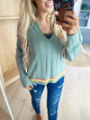 Modernized Classic Multi Color Notched Neck Ribbed Sweater In Soft Blue