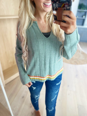 Modernized Classic Multi Color Notched Neck Ribbed Sweater In Soft Blue
