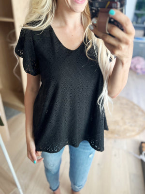 Wish Upon a Star Eyelet Short Sleeve Top in Black