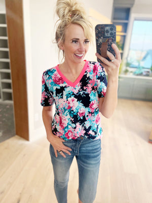 Dare To Dream Floral Top in Navy and Neon Pink