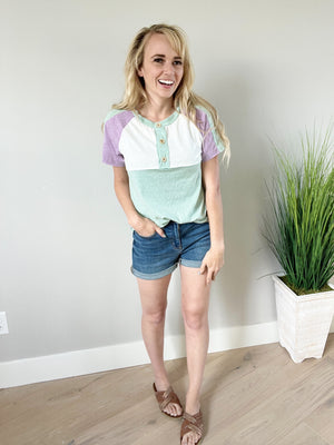 You Got Style Color Block Top in Sage Lavender and Ivory