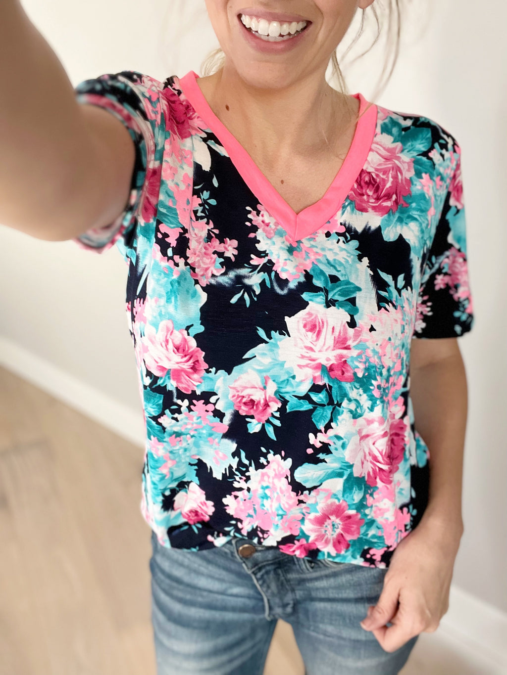Dare To Dream Floral Top in Navy and Neon Pink