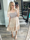 Gotta Go Double Layered Ruffle Floral Dress in Taupe and Coral