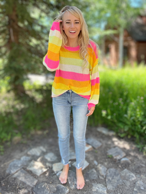 Stand With You Multi Color Striped Low Gauge Sweater in Neon Pink