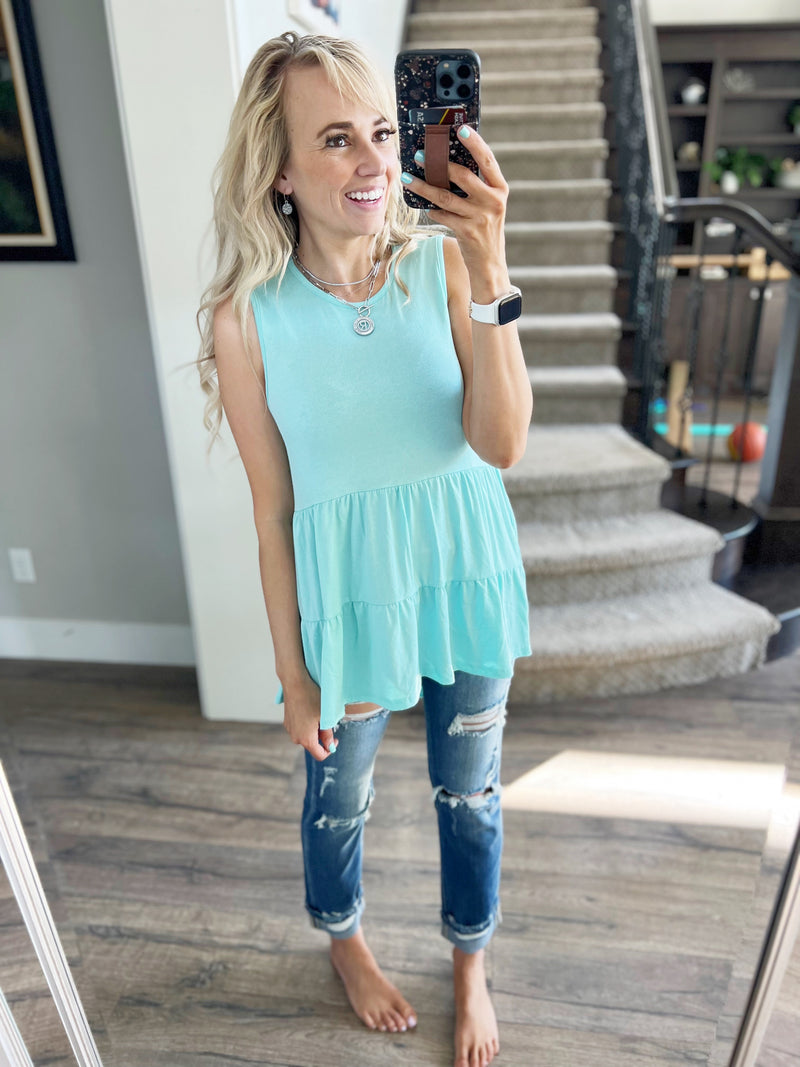 Along For the Journey High Neck Tiered Tank in Seafoam